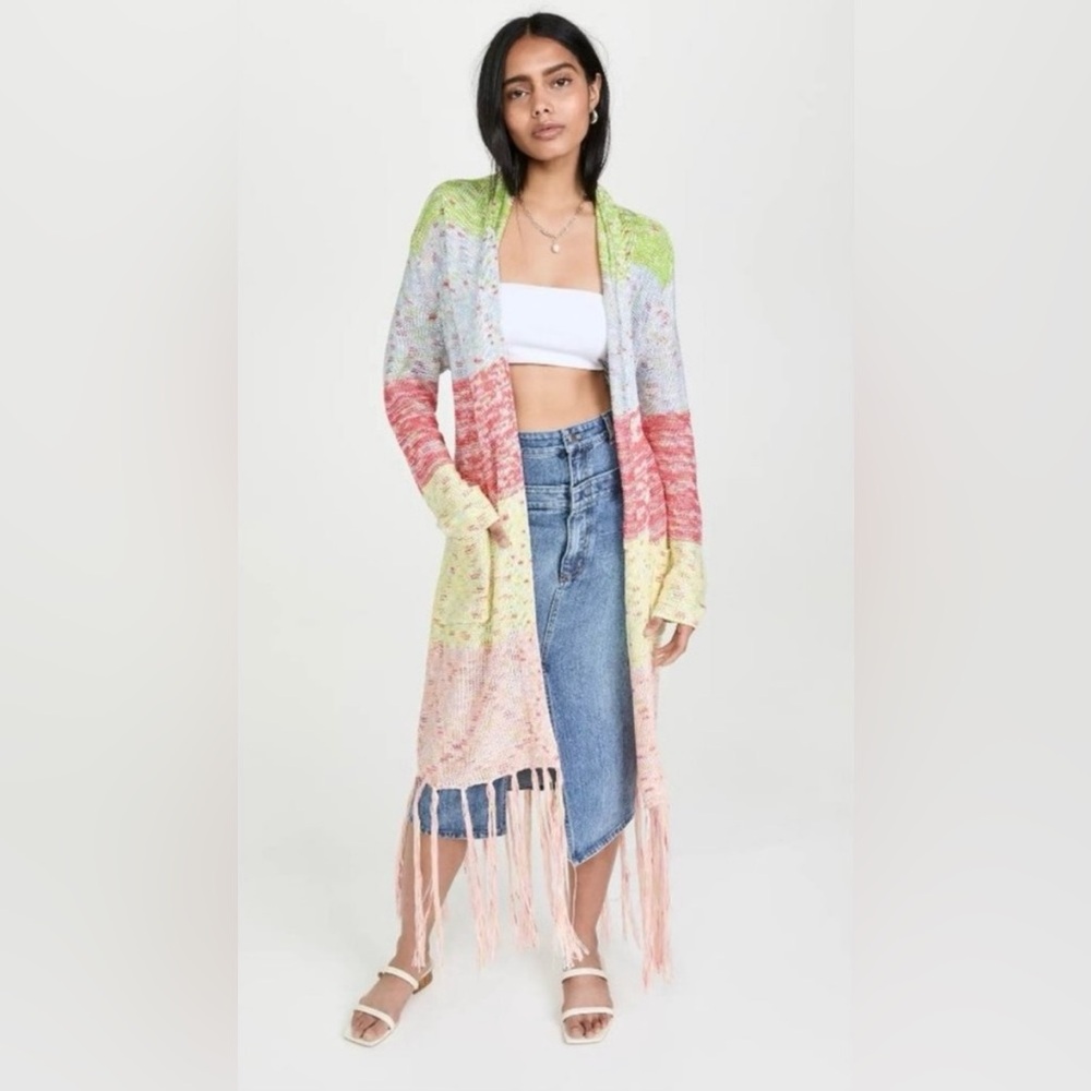 525 America Colorful Fringe Knit Cardigan Duster with Belt/Sash